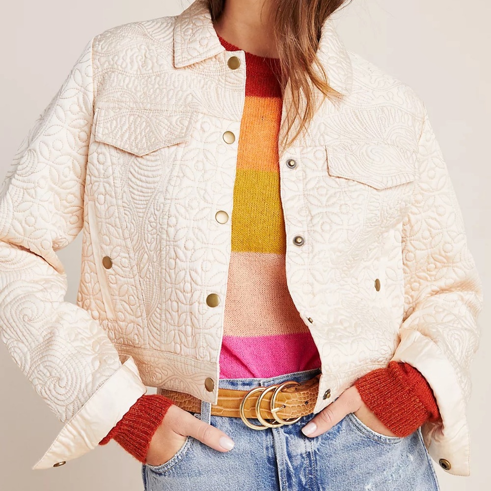 Anthropologie Federica Quilted Cream Trucker Jacket